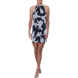 Aqua Navy Floral Print Swing Halter Dress